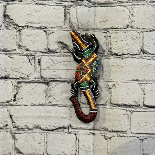 20cm Gecko Carved Wooden Dot Painted Ethnic Tribal Tiki Wall Handmade No 12