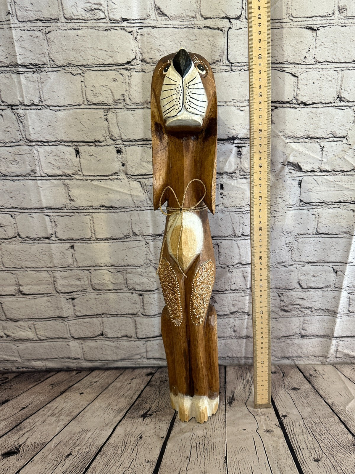 60cm Dark Brown Flower Wooden Shabby Dog Statue Ornament Fair Trade Handcarved