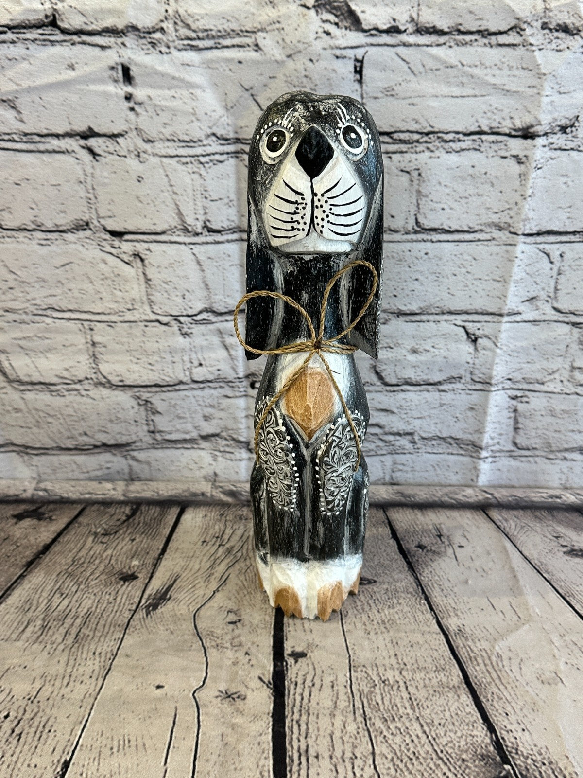 30cm Grey Flower Wooden Shabby Dog Statue Ornament Fair Trade Handcarved