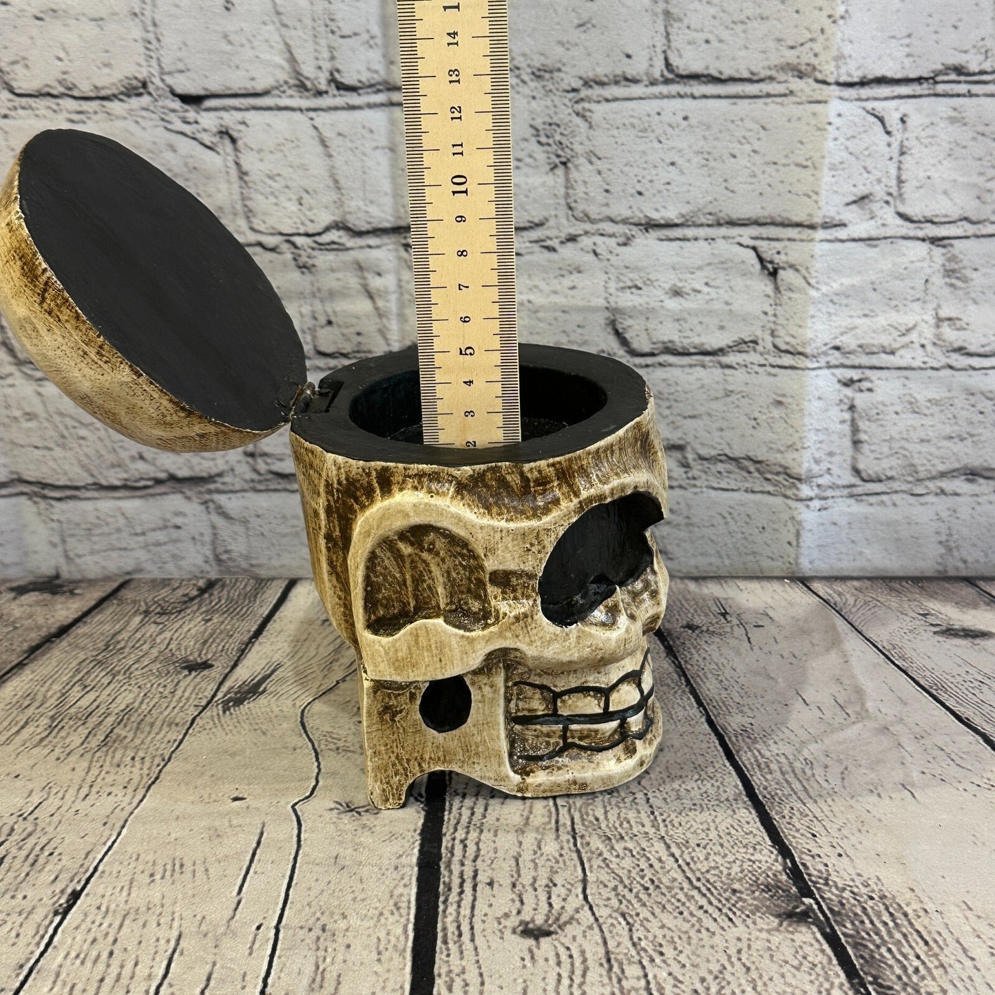 18cm x 12cm Shallow Wooden Gothic Skeleton Skull  Head Coffin Jewellery Box