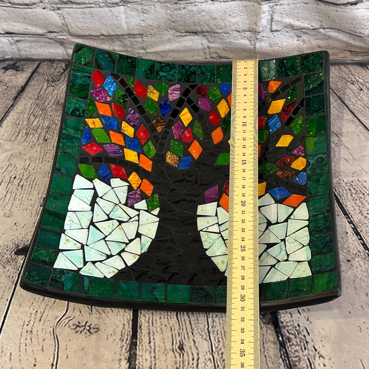 30cm Rainbow Tree Of Life Square Mosaic Handmade Ceramic Glass Tile Bowl Fruit