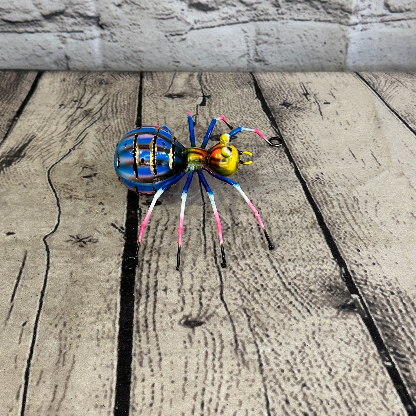 12cm x 8cm Blue Yellow Spider Bug Metal Tin Wall Hanging Ornament Painted Statue