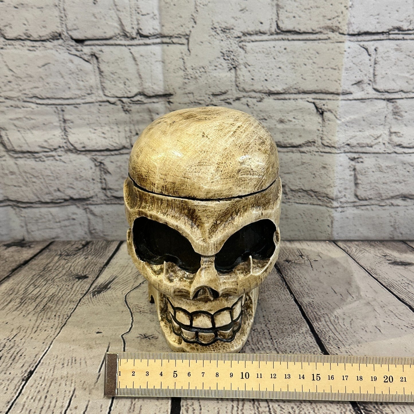 18cm x 12cm Shallow Wooden Gothic Skeleton Skull  Head Coffin Jewellery Box