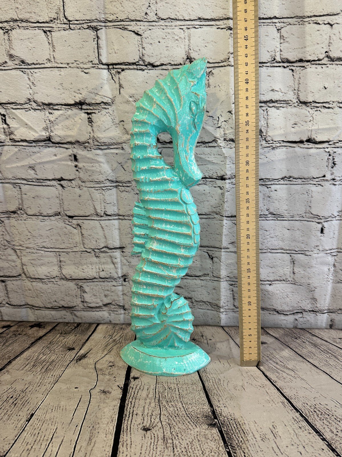 40cm Green Plain Wooden Shabby Seahorse Statue Ornament Fair Trade Handcarved