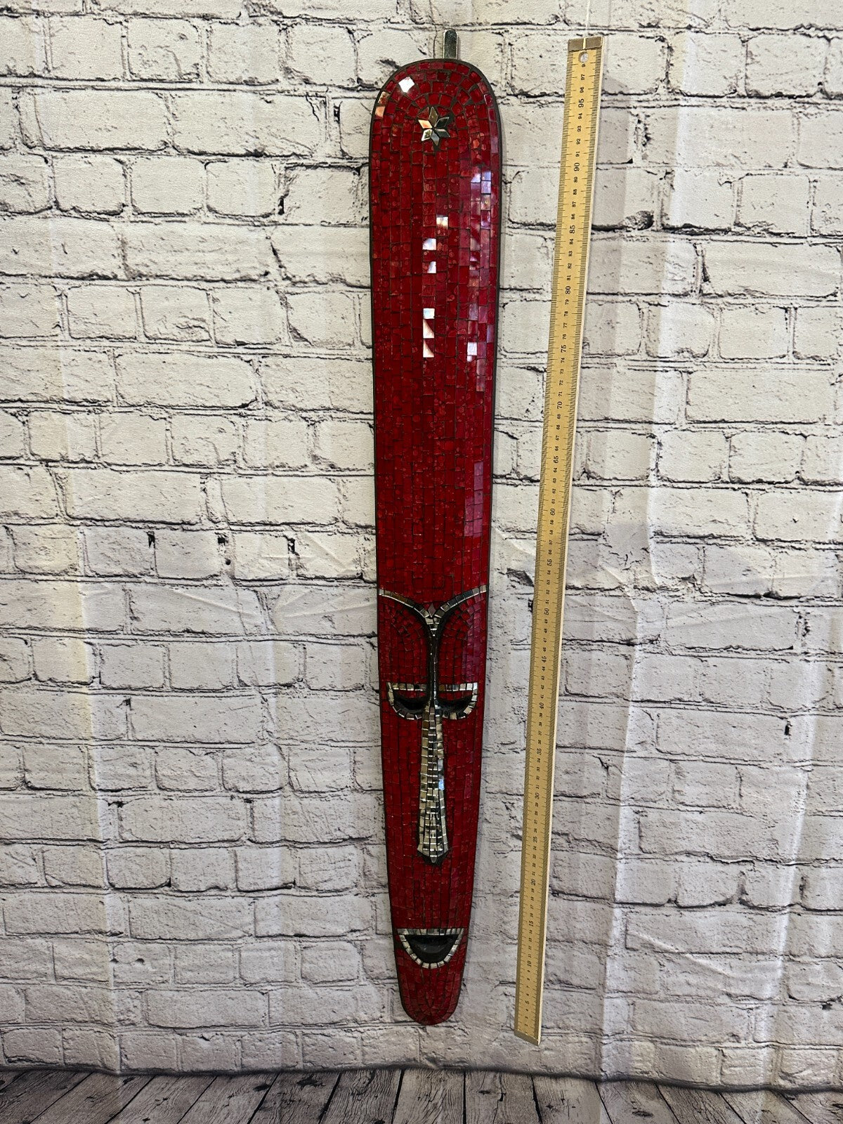 80cm Red Mosaic Mirror Mask Carved Painted Ethnic Tribal Wall Art Handmade