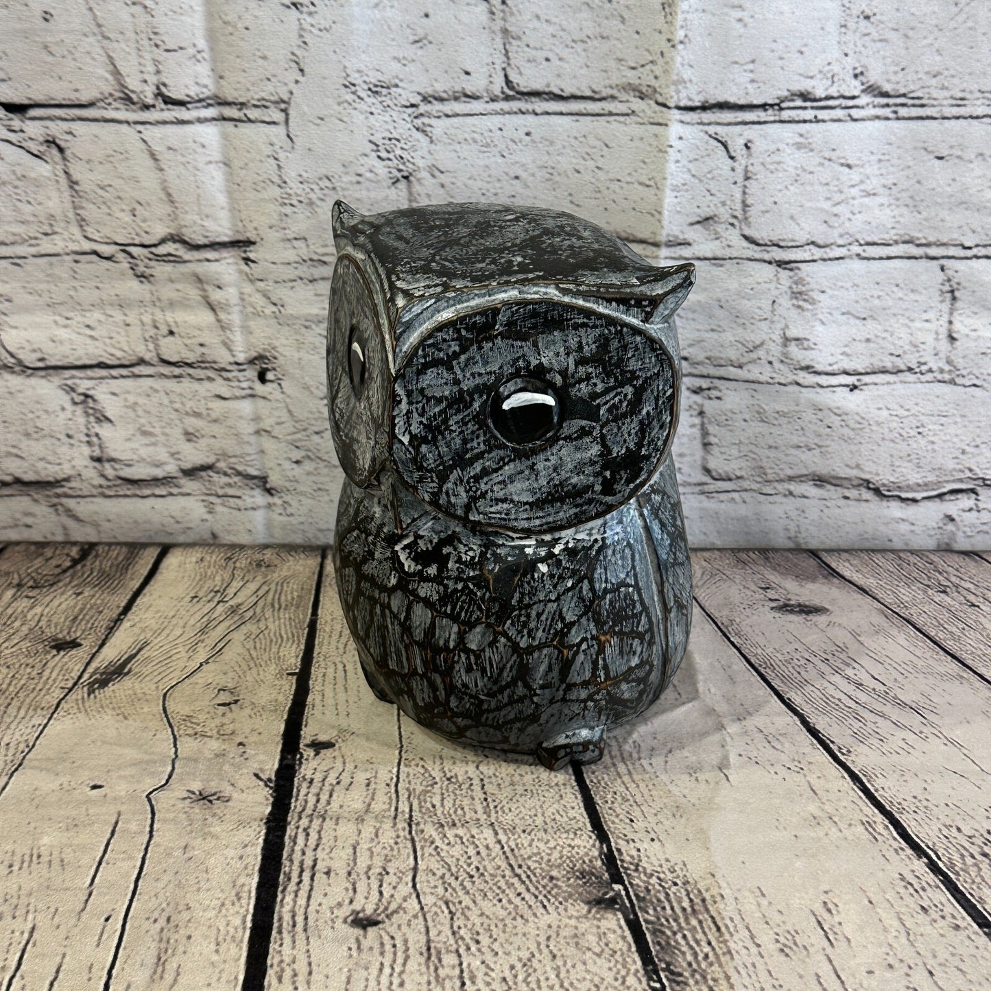 20cm x 15cm Black Flower Wooden Shabby Owl Statue Ornament Fair Trade Handcarved