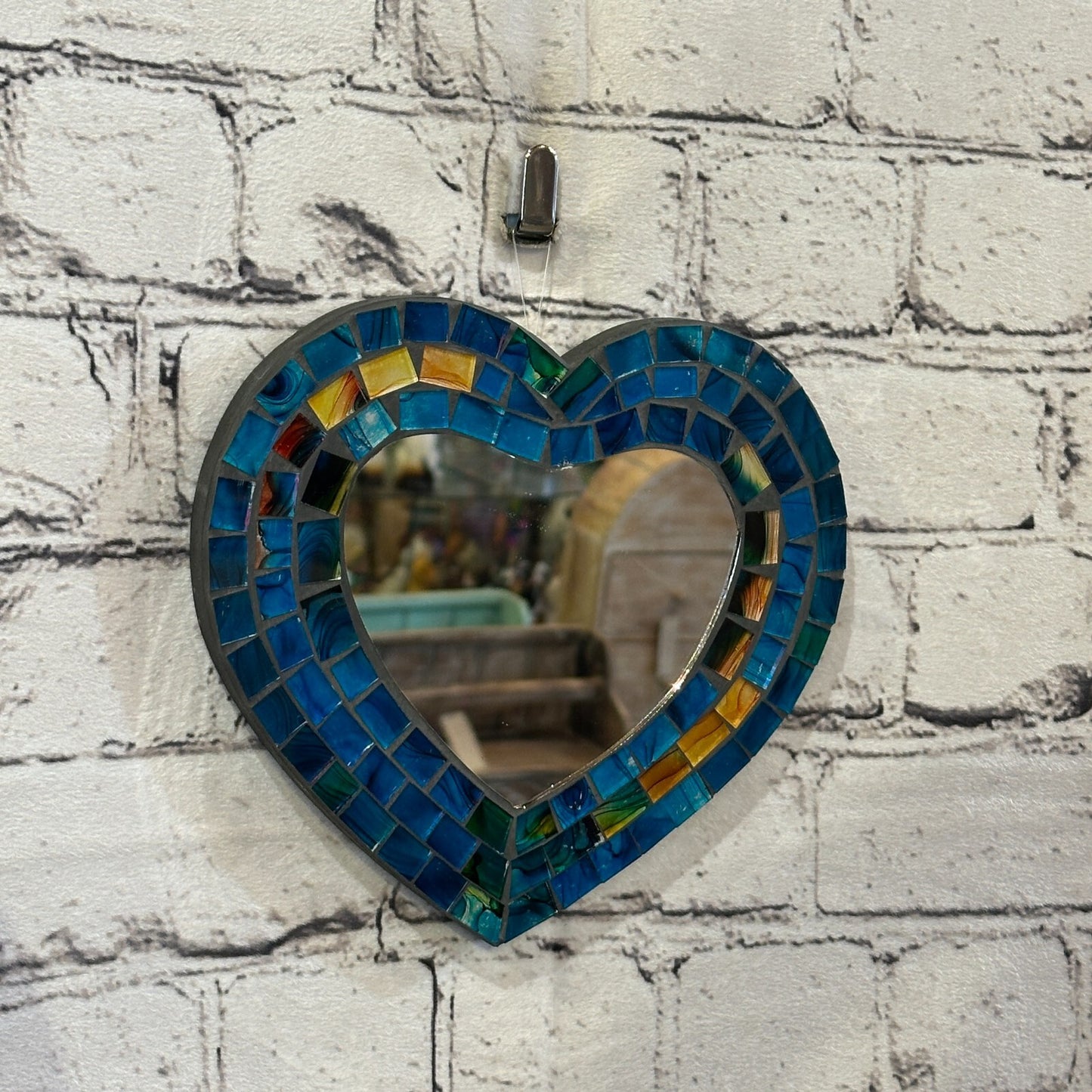 Blue Heart Shape Mosaic Tile Wall Mirror 20cm x 15cm 8 Inches Handmade New