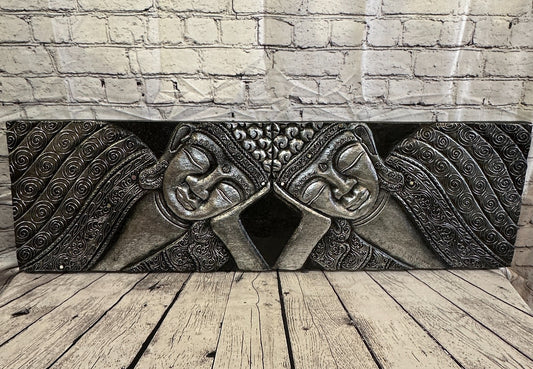 100cm x 30cm Buddha 2 Faces Silver Wooden Wood Panel Wall Art Plaque Handcarved