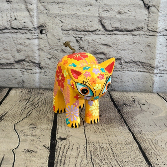 Orange Small Wooden Cat With Flower Pattern 10cm x 8cm Handmade and Fairtrade