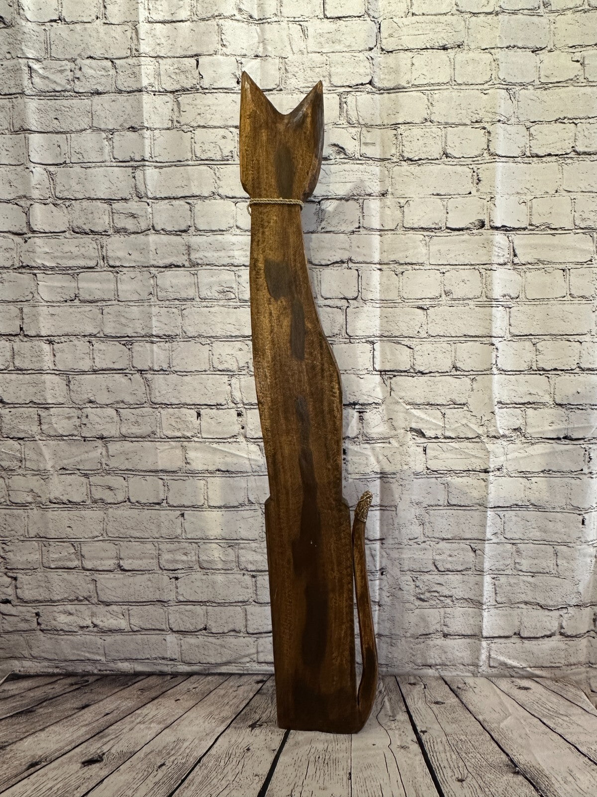 100cm Brown Swirl Flower Wooden Shabby Cat Statue Ornament Fair Trade Handcarved