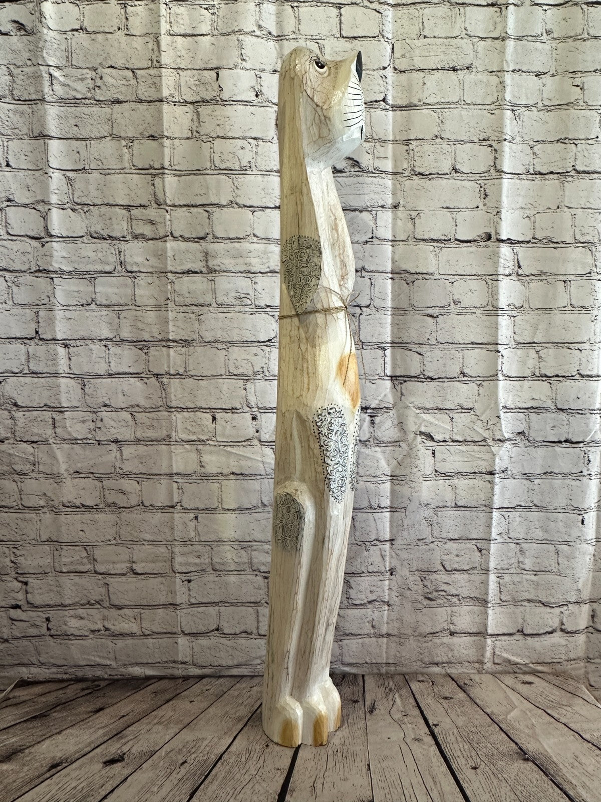 100cm White Flower Wooden Shabby Dog Statue Ornament Fair Trade Handcarved