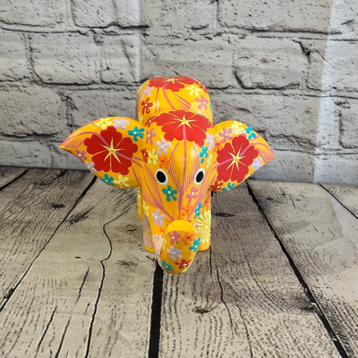 Orange Wooden Elephant With Flower Pattern 15cm x 18cm Handmade and Fairtrade
