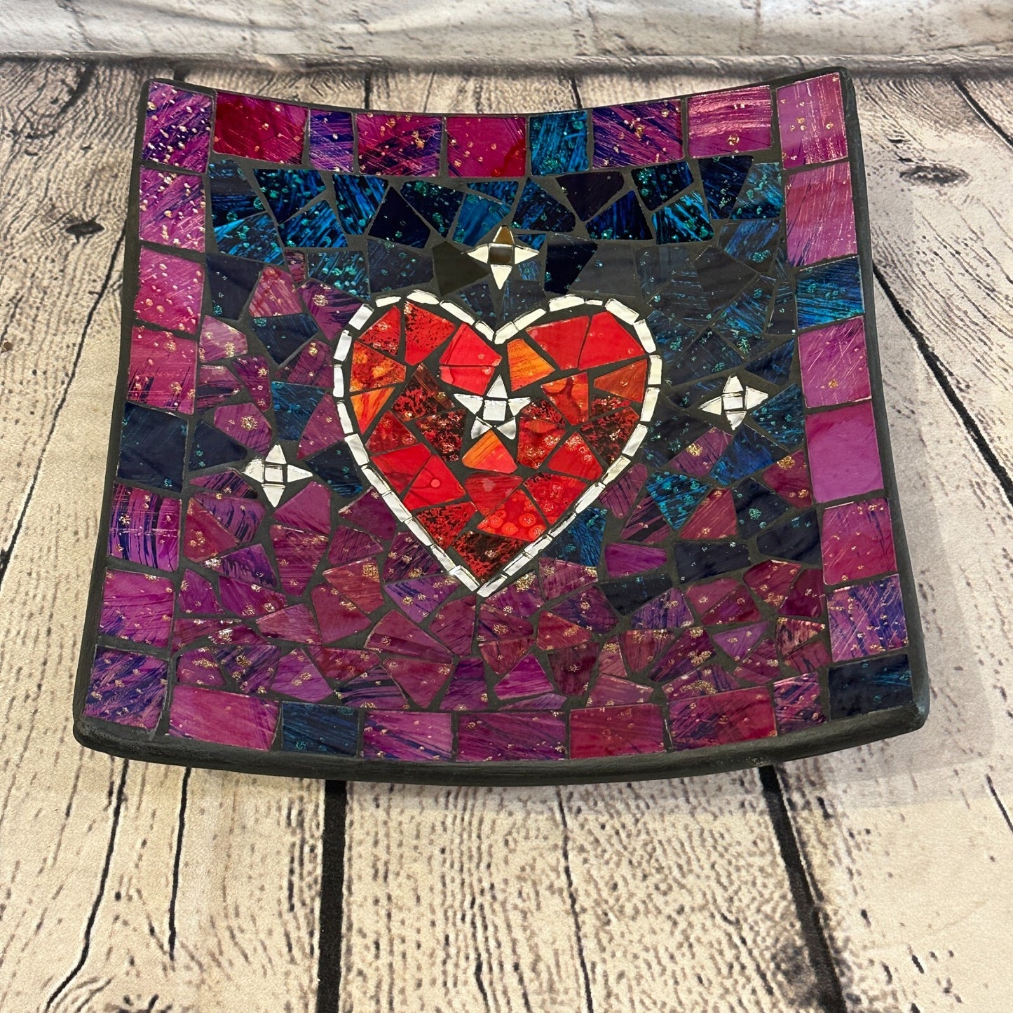 25cm Purple Red Heart Square Mosaic Handmade Ceramic Glass Tile Bowl Fruit