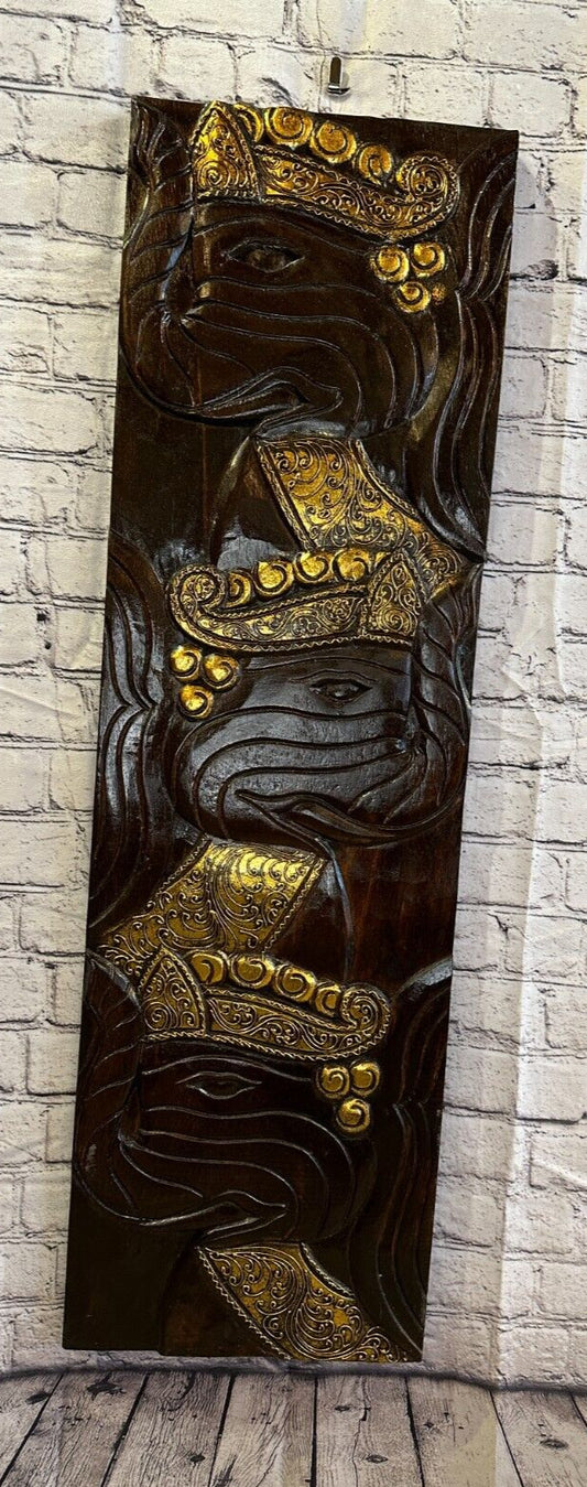 100cm x 30cm Elephants Brown Silver Wooden Wood Panel Wall Art Plaque Handcarved