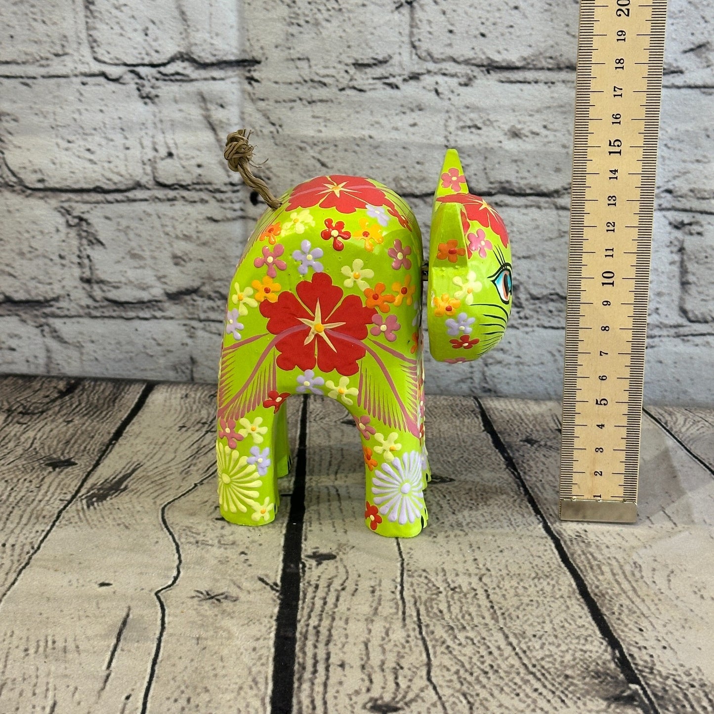 Green Large Wooden Cat With Flower Pattern 15cm x 10cm Handmade and Fairtrade