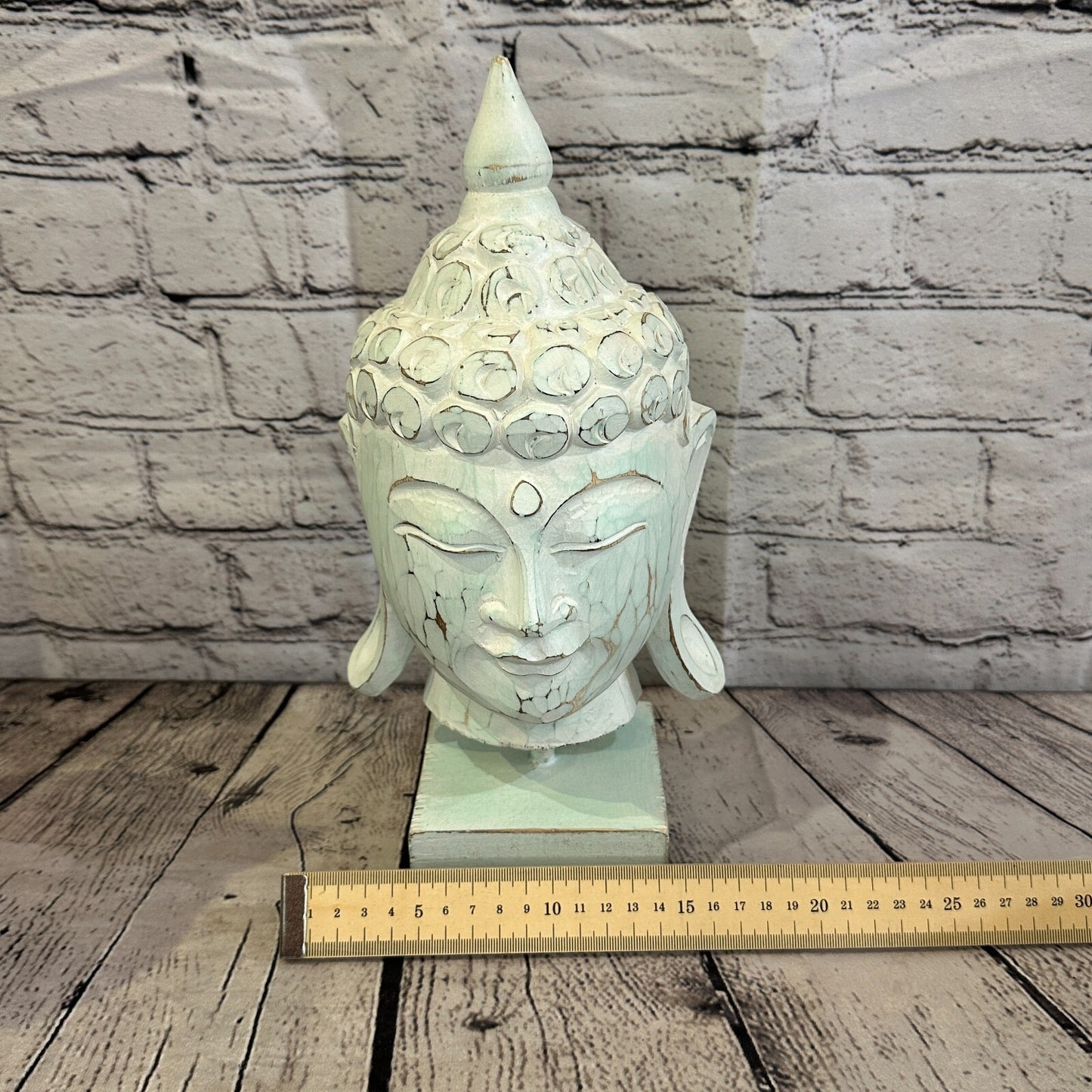 30cm Green Buddha Head Wooden Standing Statue Figurine Ornament Fair Trade