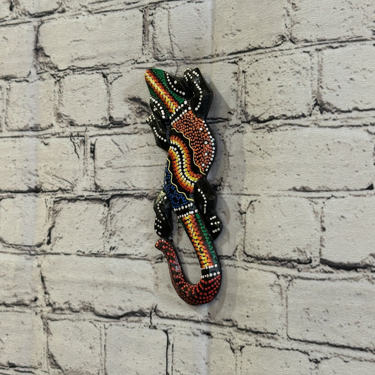 20cm Gecko Carved Wooden Dot Painted Ethnic Tribal Tiki Wall Handmade No 10