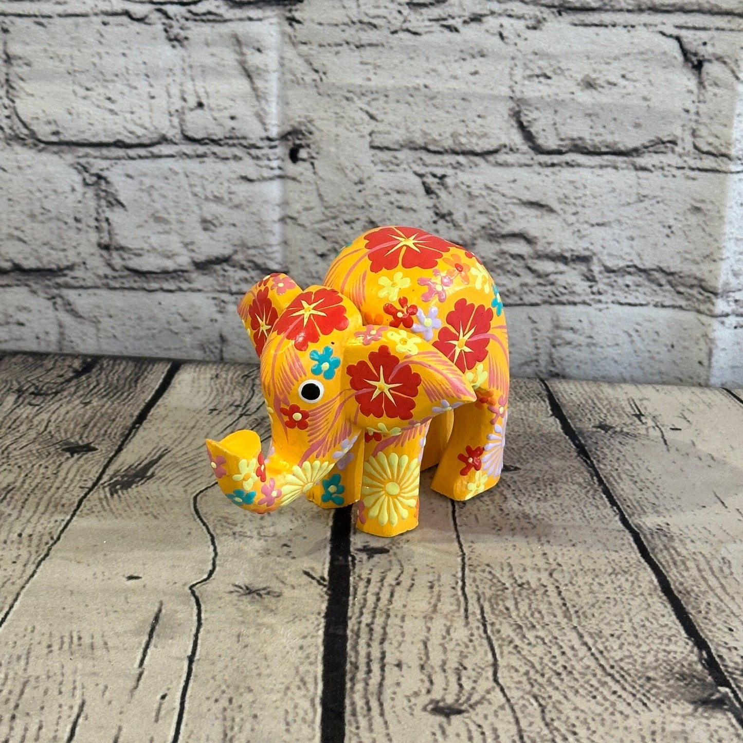 Orange Wooden Elephant With Flower Pattern 10cm x 12cm Handmade and Fairtrade