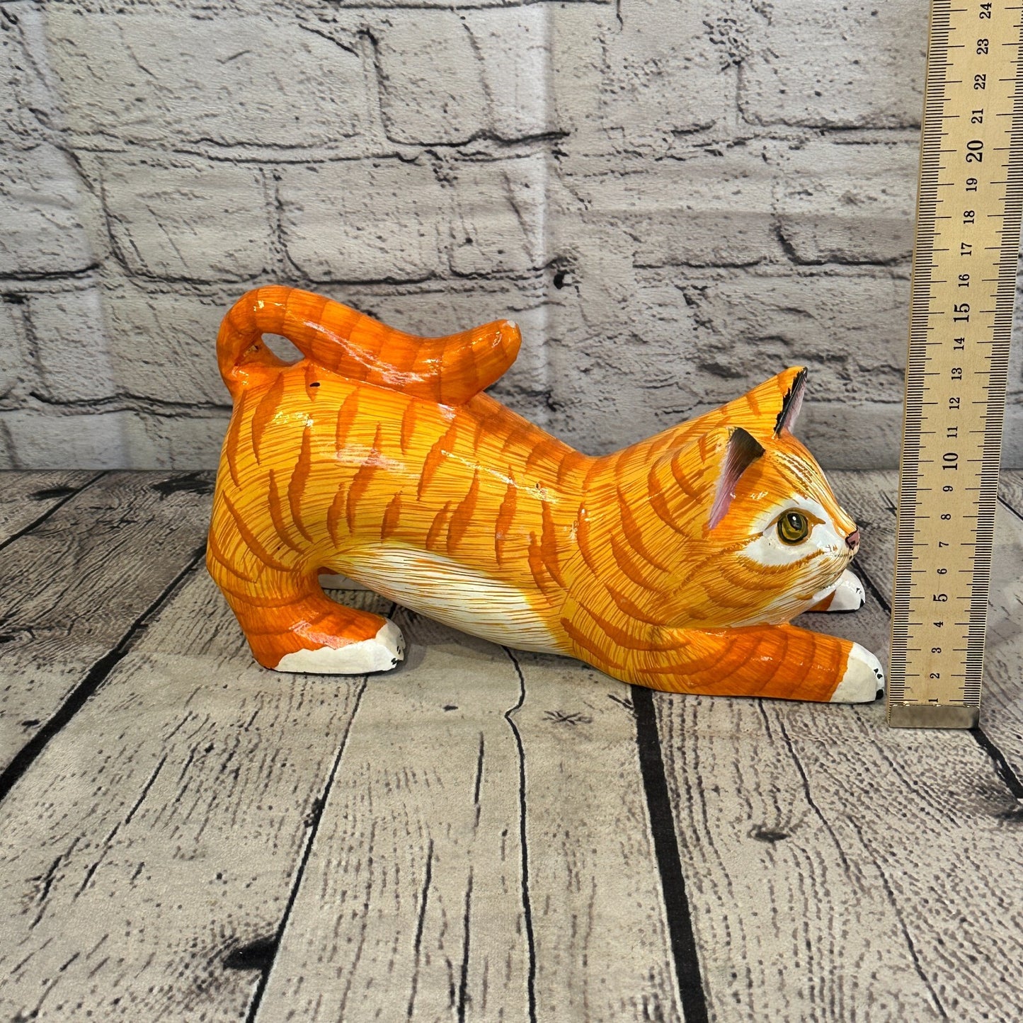 22cm x 14cm Orange Tabby Style Painted Wooden Hand Carved Stretching Cat Wooden