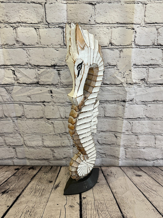 50cm White Brown Wooden Shabby Seahorse Statue Ornament Fair Trade Handcarved