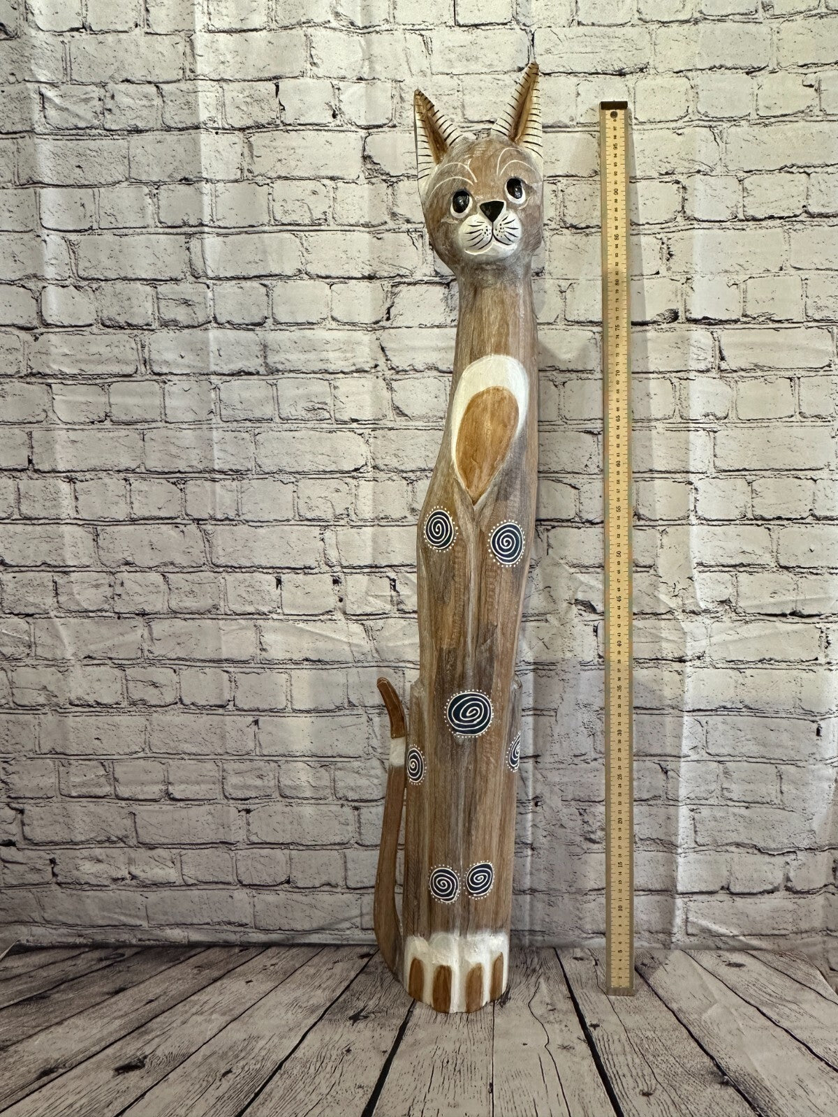 100cm Light Brown Flower Wooden Shabby Cat Statue Ornament Fair Trade Handcarved