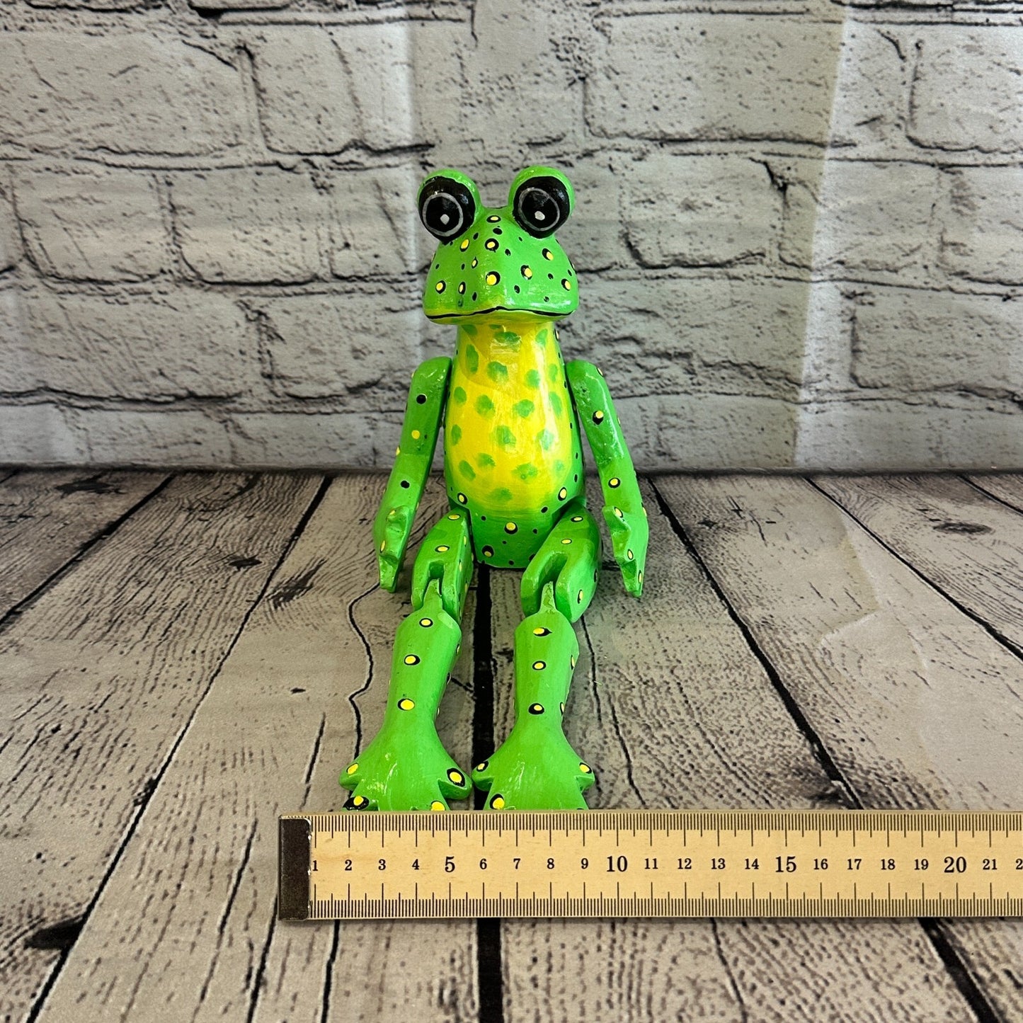 20cm Green Frog Sitting Animal, Wooden Shelf Ornament Handmade & Fairtrade