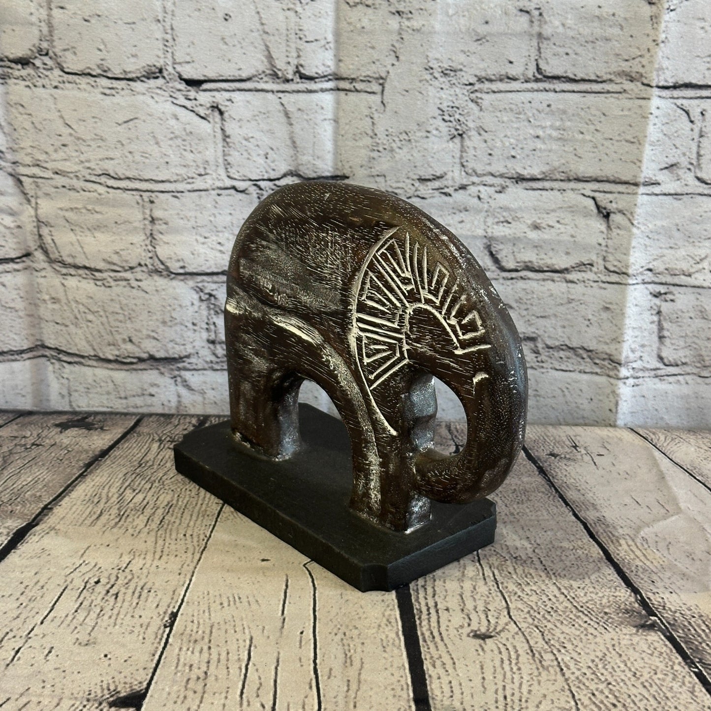 20cm x 20cm Wooden Tribal Primitive Black Elephant Round Stand Sculpture Statue