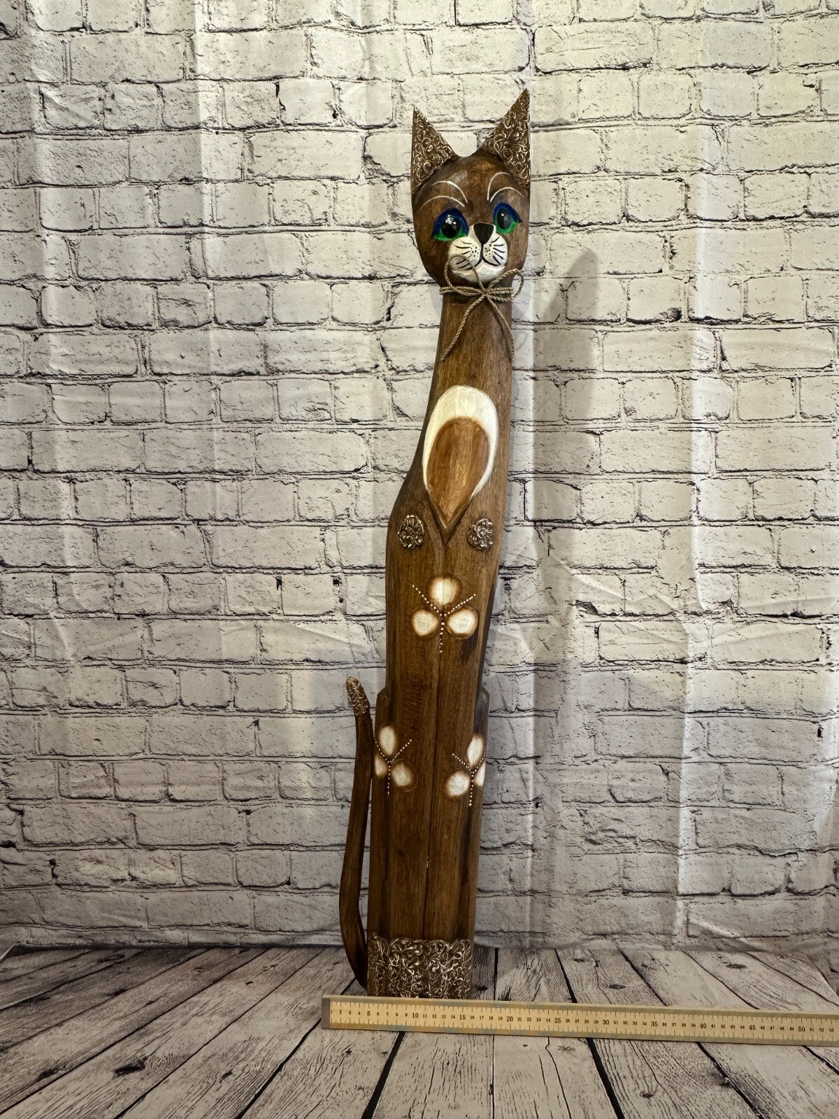 100cm Brown Swirl Flower Wooden Shabby Cat Statue Ornament Fair Trade Handcarved