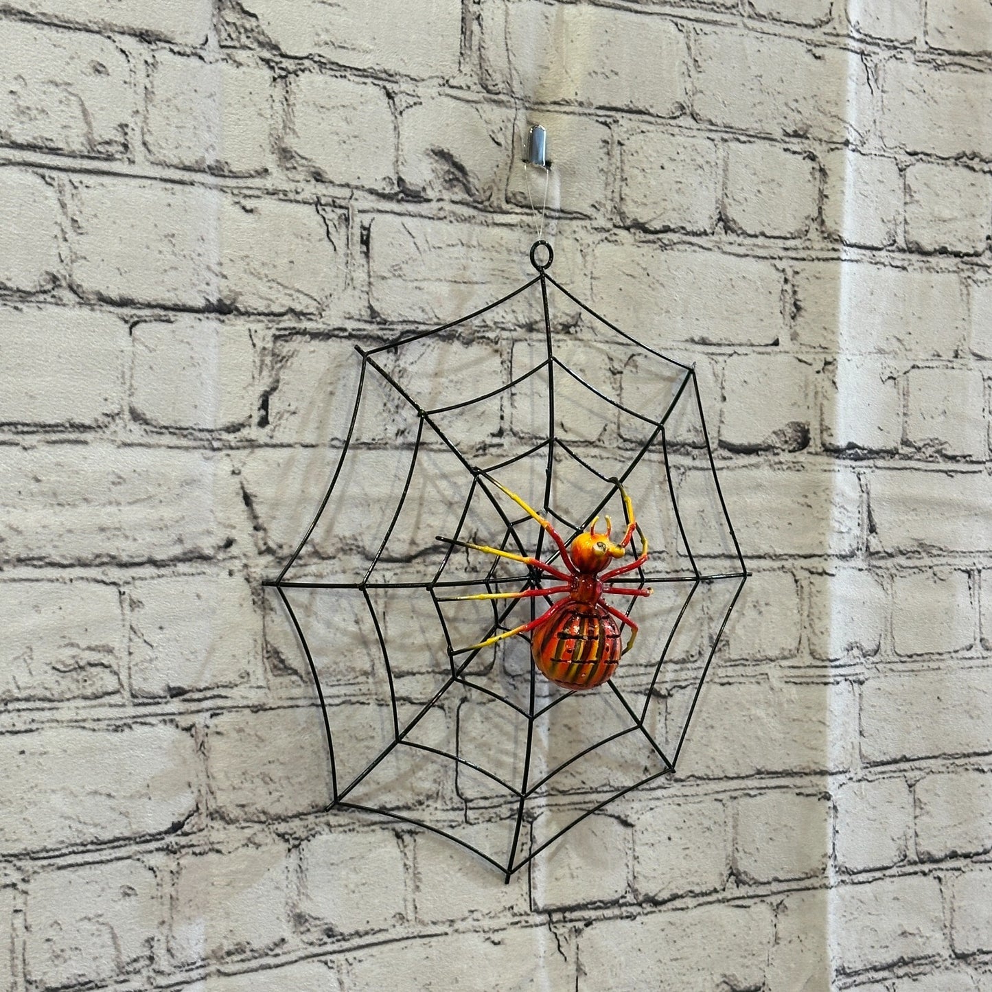 30cm x 30cm Orange Spider On Web Bug Metal Tin Wall Hanging Ornament Statue