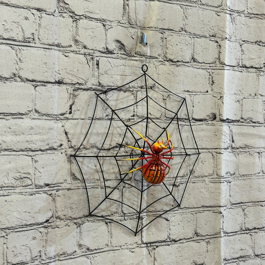 30cm x 30cm Orange Spider On Web Bug Metal Tin Wall Hanging Ornament Statue