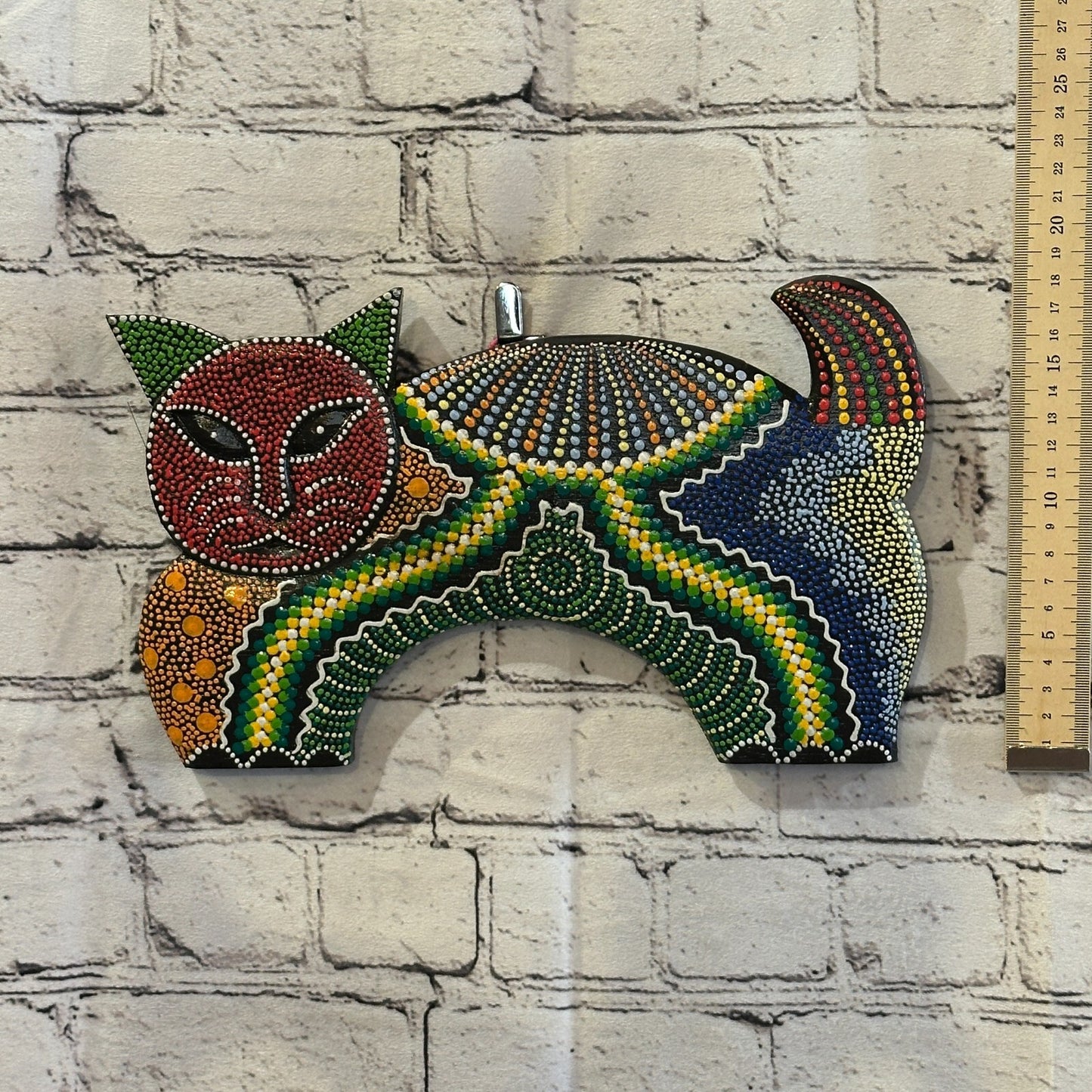 30cm Red Cat Carved Wooden Dot Painted Ethnic Tribal Tiki Wall Art Handmade