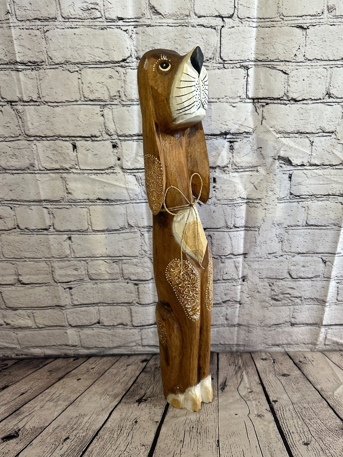 60cm Dark Brown Flower Wooden Shabby Dog Statue Ornament Fair Trade Handcarved