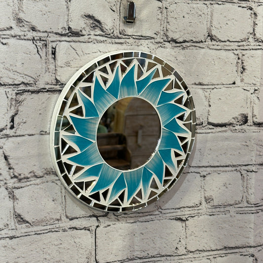 Turquoise Blue Flame Sun Mosaic Tile Wall Mirror 20cm x 20cm 8 Inches Handmade