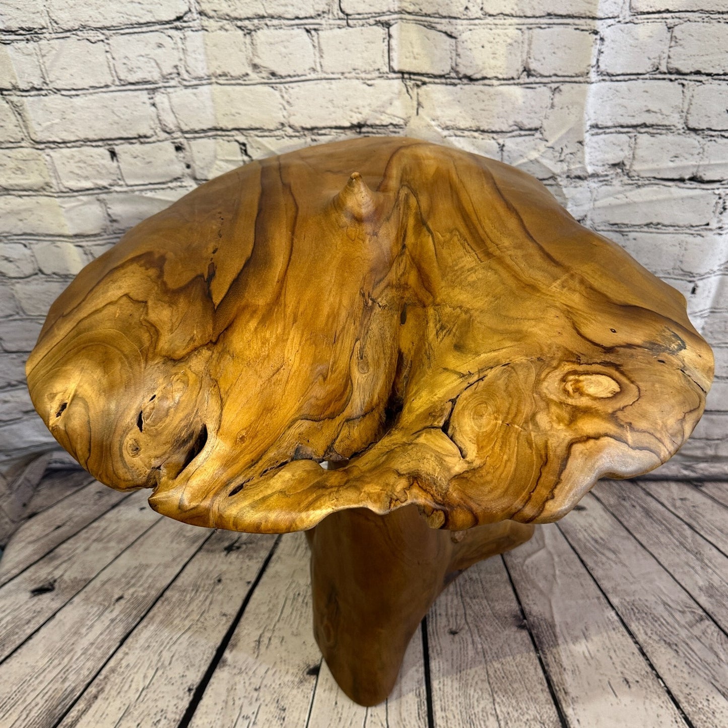 55cm x 45cm Wooden Point Mushroom Toadstool Sculpture Garden Teak Root Ornament
