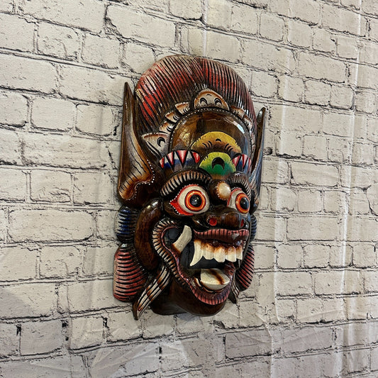 Large Wooden Brown Barong Wall Mask 50cm x 30cm Handmade And Fairtrade