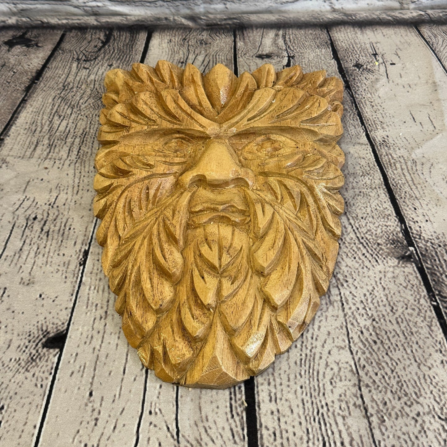 Flat Green Man Of The Woods 25cm Hand Carved Wizard Tree Trunk Wood Fairtrade