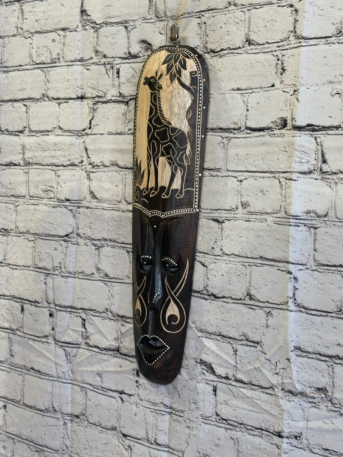 50cm Giraffe Mask Carved Wooden Brown Work Painted Ethnic Tribal Tiki Wall Art