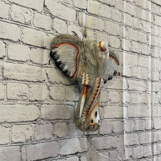 30cm x 30cm Grey Painted Wood Elephant Head Wall Mounted Art Large Shabby