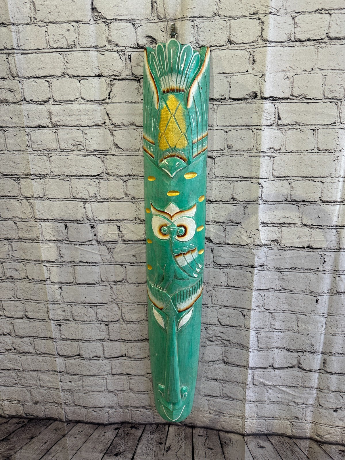 100cm Green Owl Hand Carved Fair Trade Wooden Animal Wall Art Hang Mask