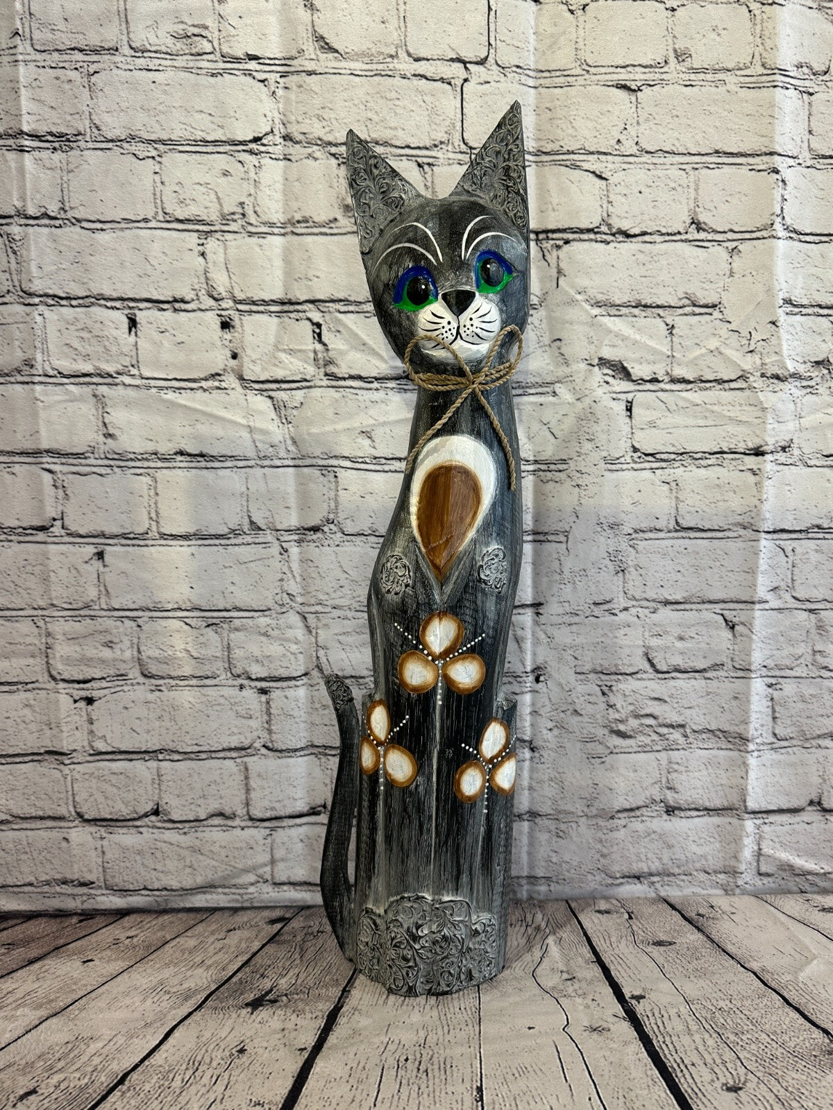 60cm Grey Swirl Flower Wooden Shabby Cat Statue Ornament Fair Trade Handcarved