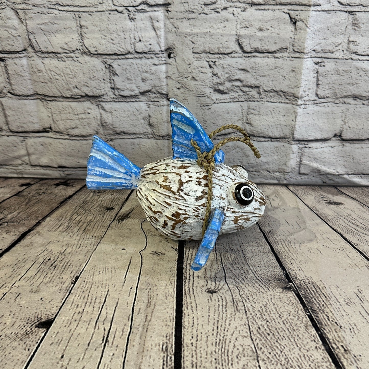 Blue White Folk Art Hand Painted Puffer Fish Coconut Shell Ornaments Hanging