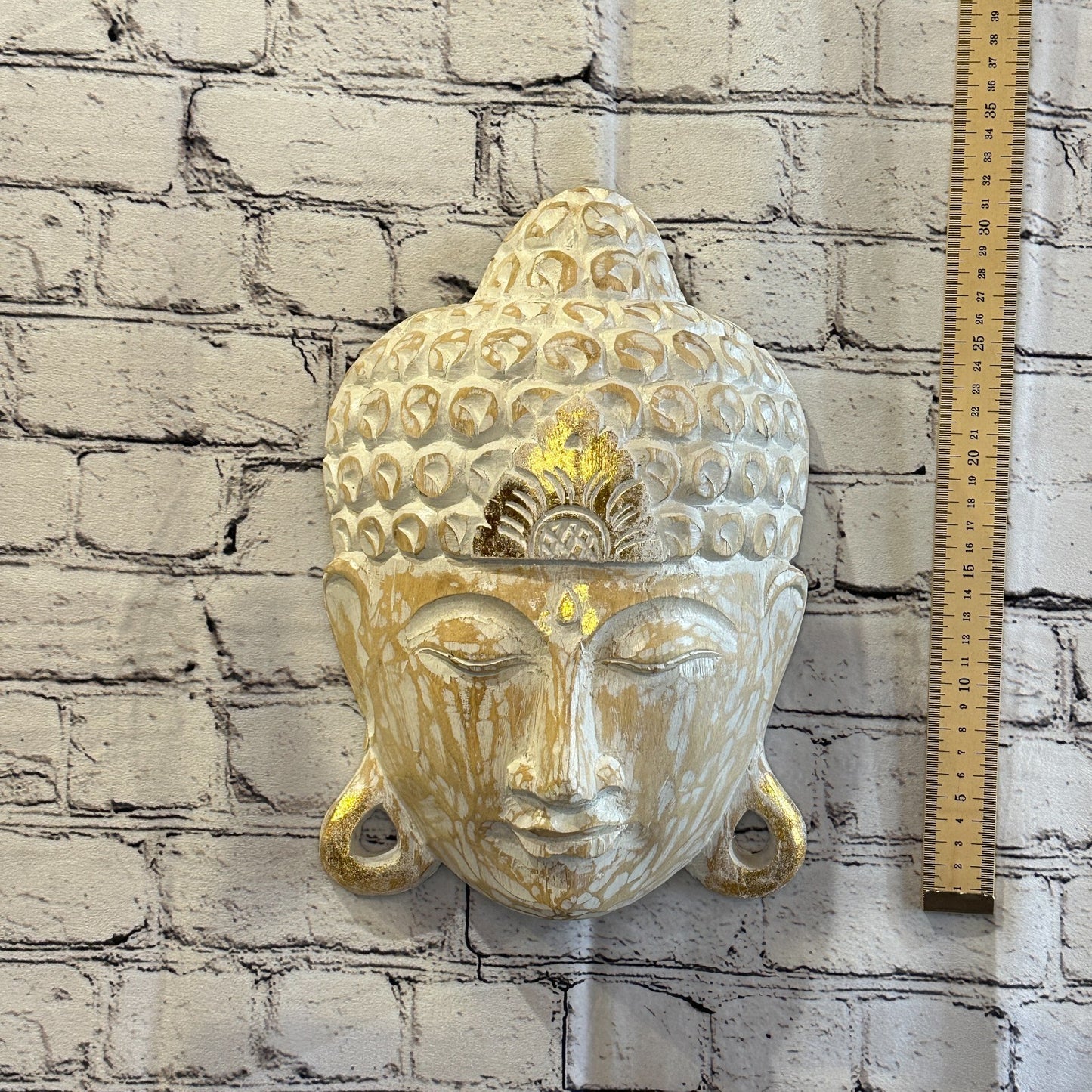 30cm x 20cm Light Brown Buddha Head Mask Wooden Hanging Statue Figurine Ornament