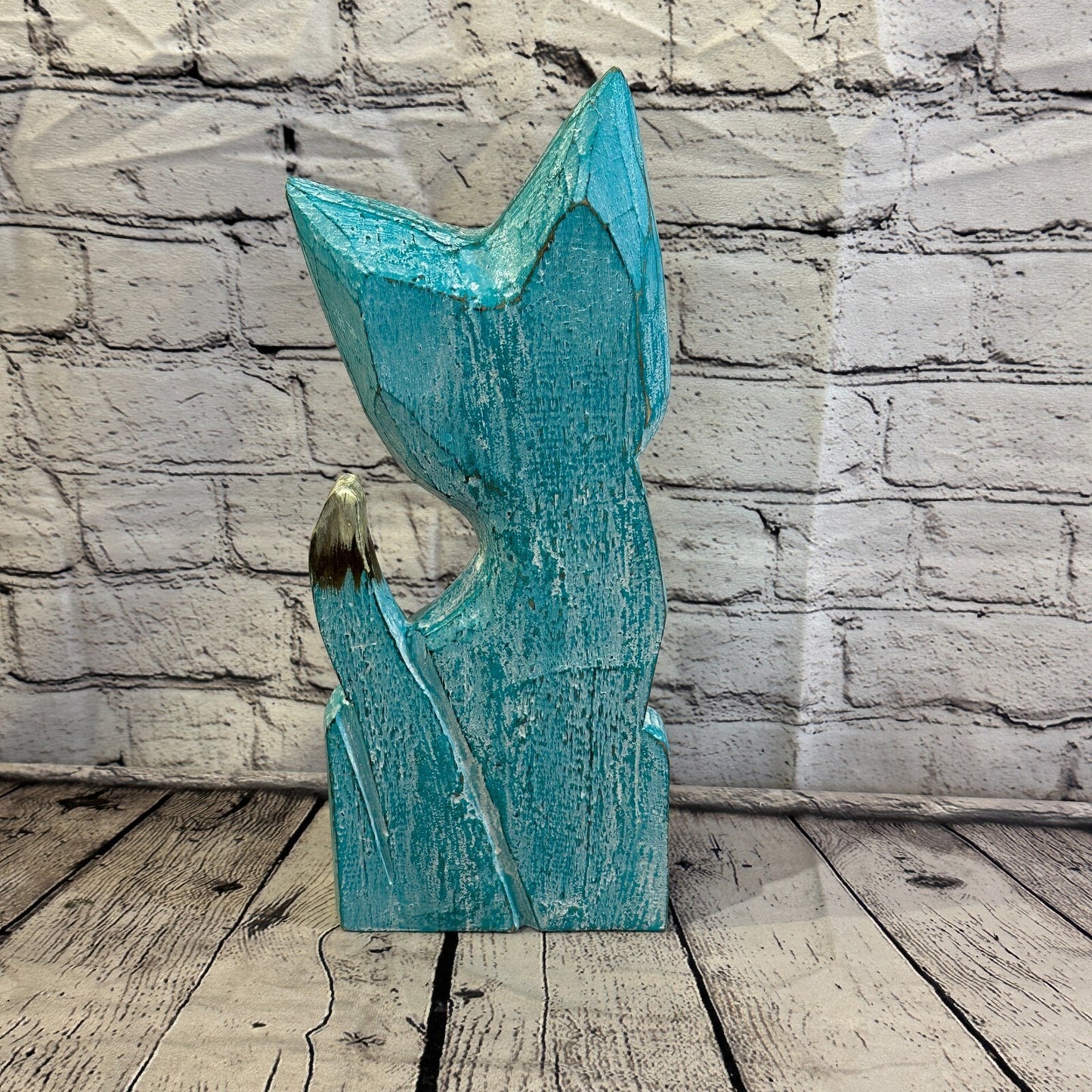 35cm x 15cm Green Flower Wooden Shabby Cat Statue Ornament Fair Trade Handcarved