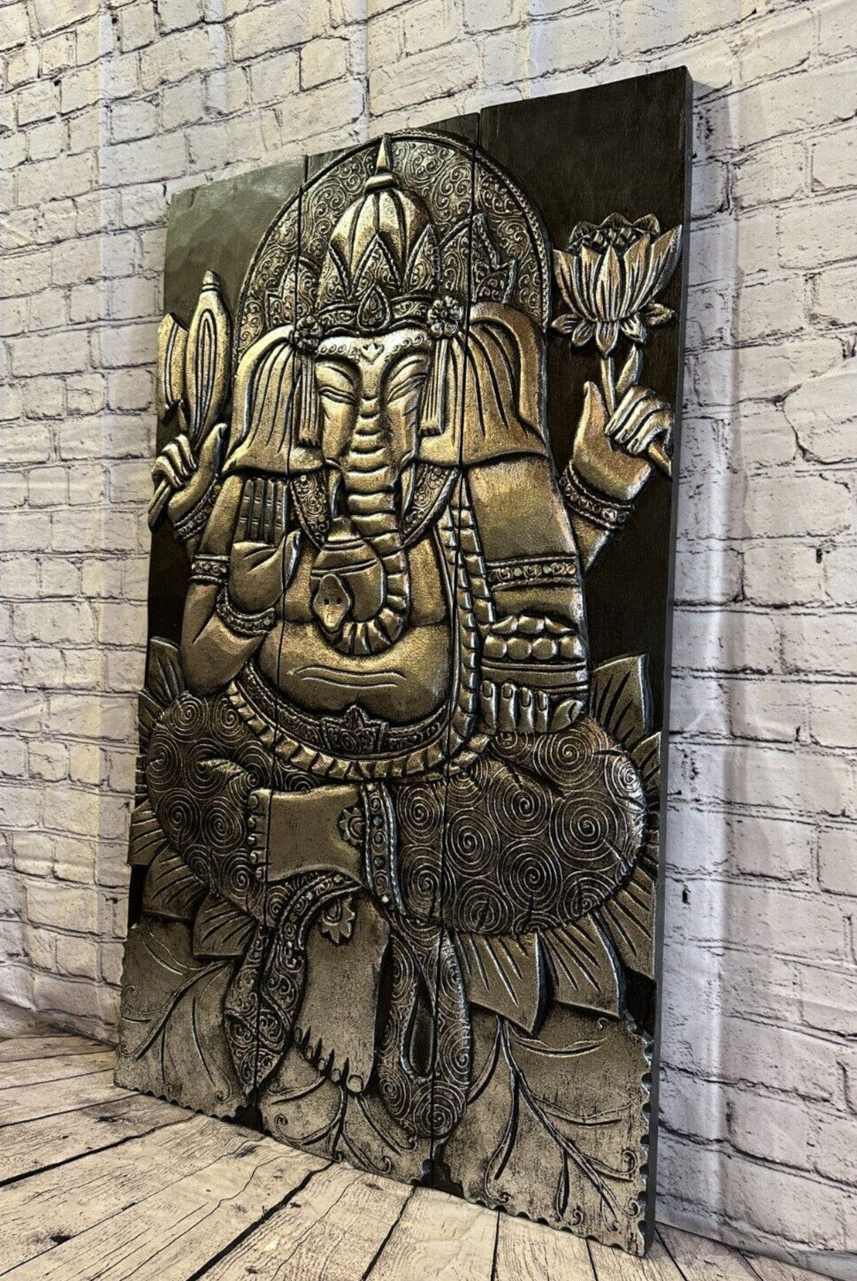 100cm x 60cm Ganesh Silver 3 Panel Wooden Wood Panel Wall Art Plaque Handcarved