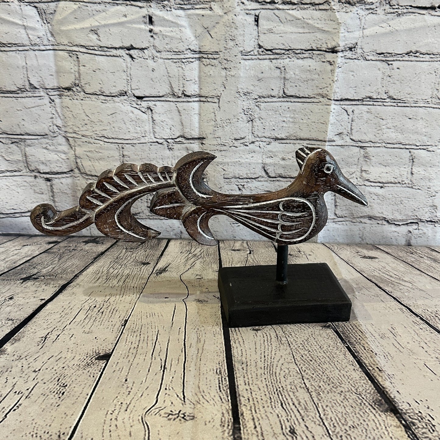 40cm x 20cm Wooden Tribal Primitive Black Phoenix Bird Stand Sculpture Statue