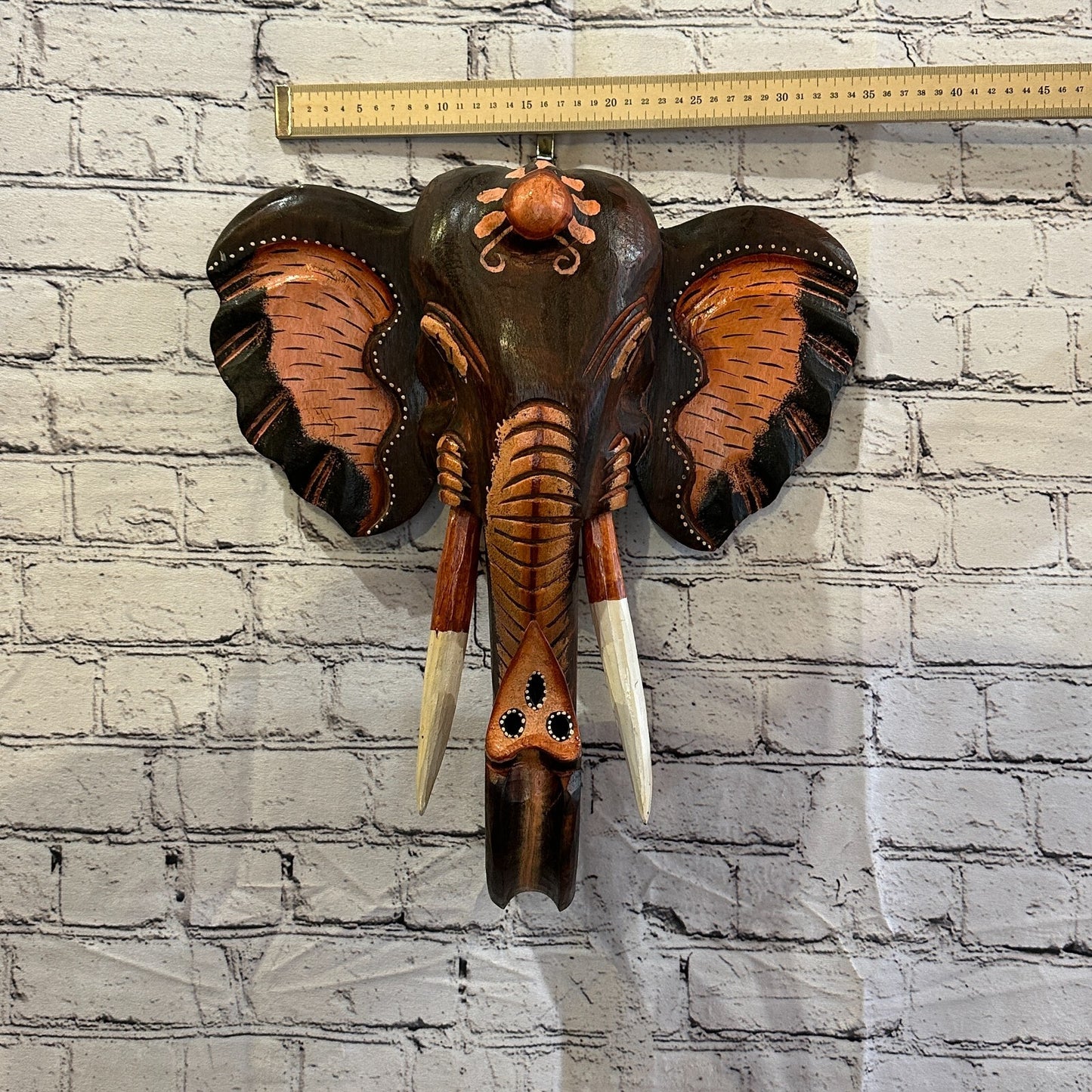 45cm x 35cm Brown Painted Wood Elephant Head Wall Mounted Art Large Shabby