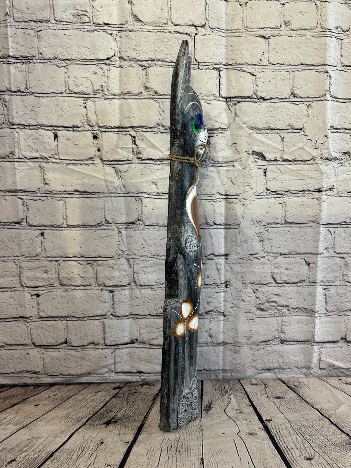 60cm Grey Swirl Flower Wooden Shabby Cat Statue Ornament Fair Trade Handcarved