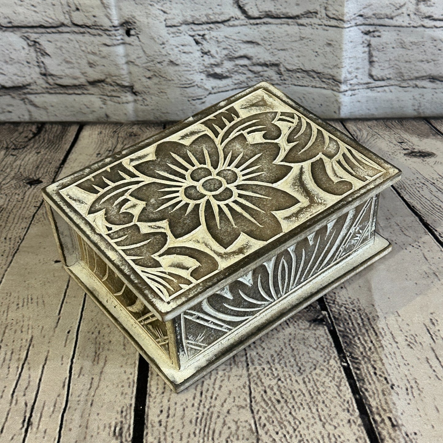 Brown Flower MDF Box Lotus 18cm x 12cm x 7cm Wooden Box Trinket Handmade