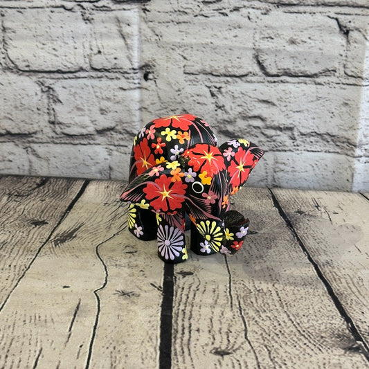 Black Wooden Elephant With Flower Pattern 10cm x 12cm Handmade and Fairtrade