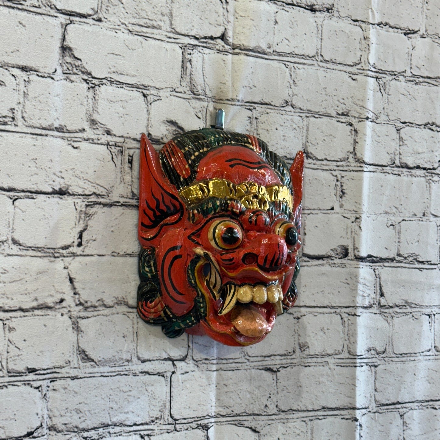 Large Wooden Red Barong Wall Mask 20cm x 20cm Handmade And Fairtrade Hindu